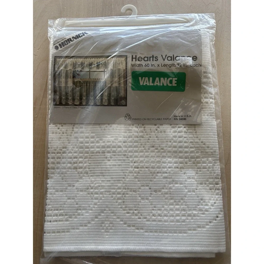 Vtg Lace Valance New White Hearts 1980s Cottage Granny Curtain 60 x 12 NIP